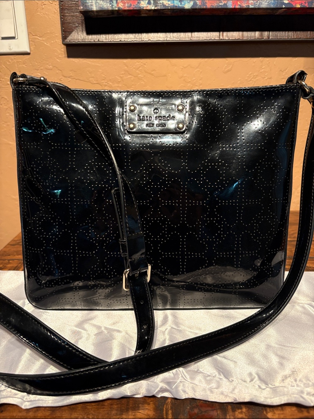 kate spade Darby Metro Y2K Black Patent PVC Perforated Crossbody Bag